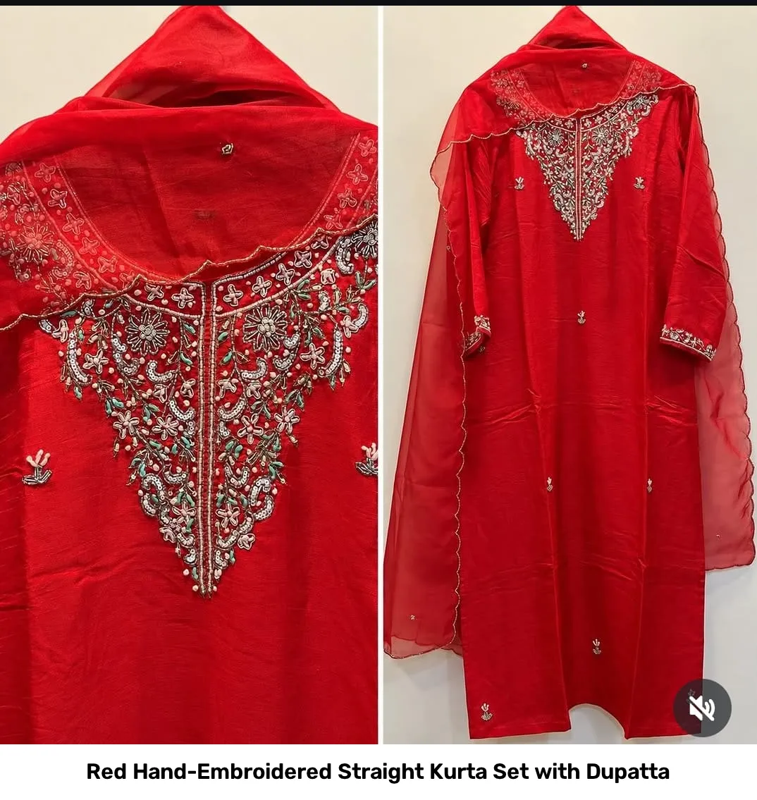 Red Hand-Embroidered Straight Kurta Set with Dupatta 3