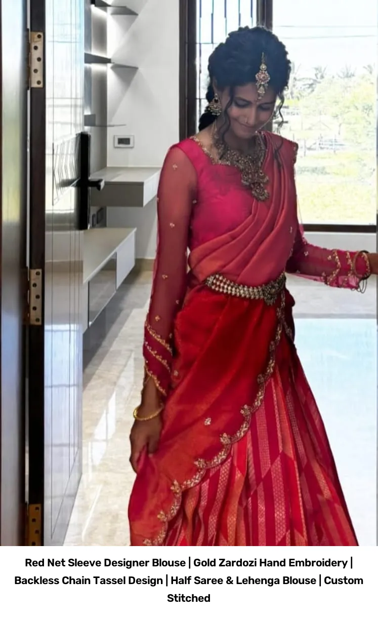 Red Net Sleeve Designer Blouse | Gold Zardozi Hand Embroidery | Backless Chain Tassel Design | Half Saree & Lehenga Blouse | Custom Stitched 2