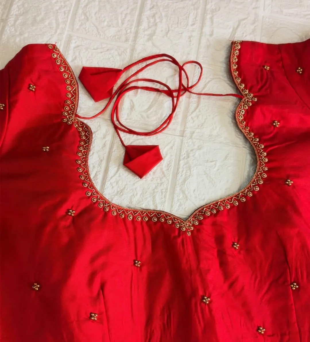 Red Raw Silk Blouse with Scalloped Back Neck & Golden Bead Work