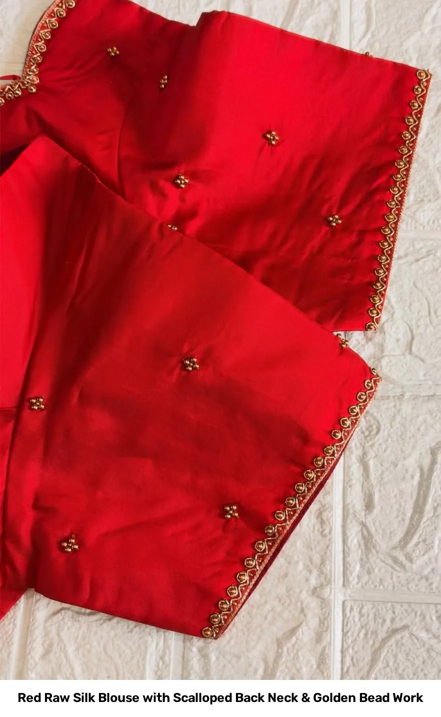 Red Raw Silk Blouse with Scalloped Back Neck & Golden Bead Work 2