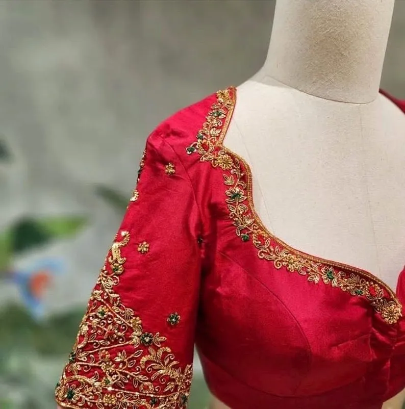 Red Raw Silk Bridal Blouse Sweetheart Neck Maggam Work