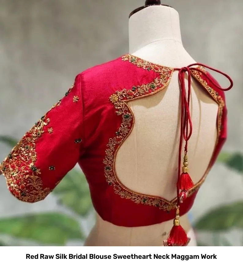 Red Raw Silk Bridal Blouse Sweetheart Neck Maggam Work 4