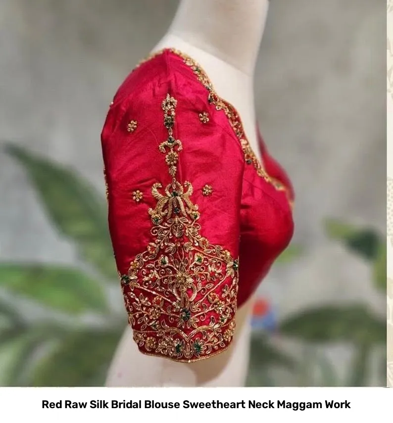 Red Raw Silk Bridal Blouse Sweetheart Neck Maggam Work 5