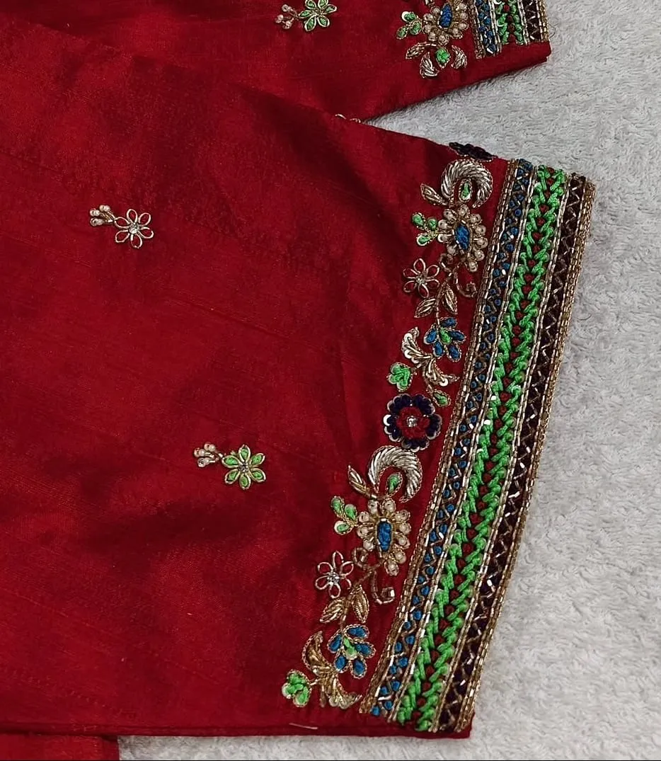Red Raw Silk Maggam Blouse Multicolor Thread & Zardozi