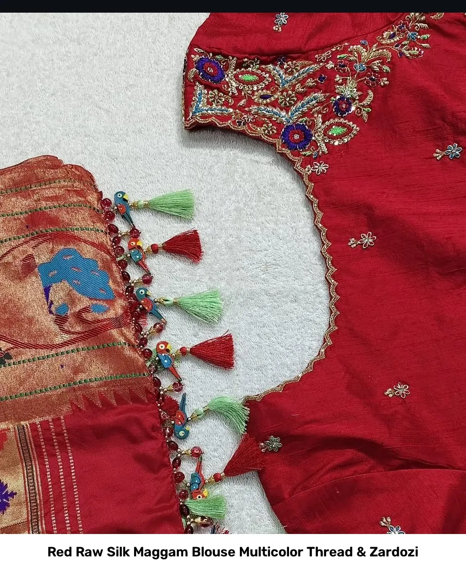 Red Raw Silk Maggam Blouse Multicolor Thread & Zardozi 2