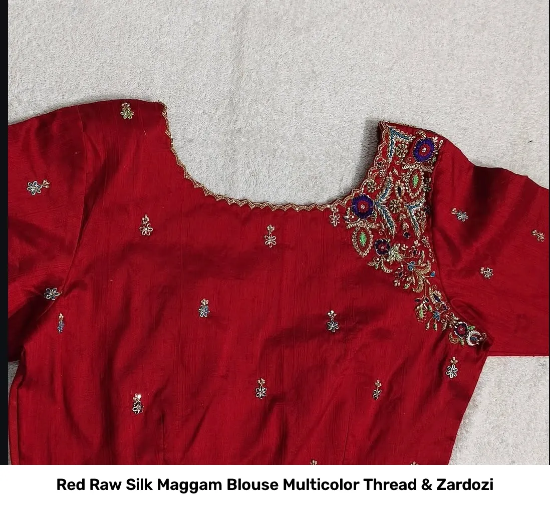 Red Raw Silk Maggam Blouse Multicolor Thread & Zardozi 3
