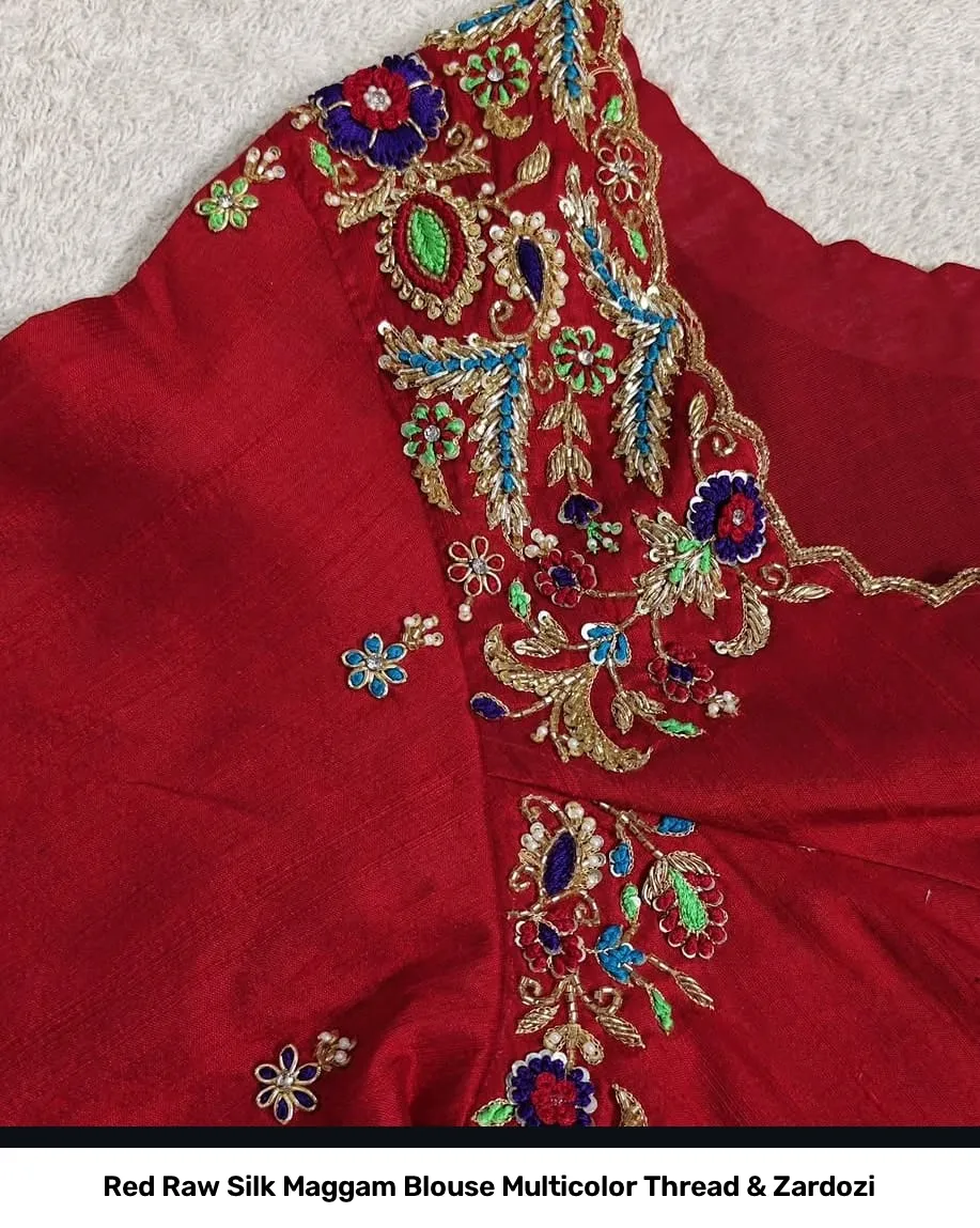 Red Raw Silk Maggam Blouse Multicolor Thread & Zardozi 4