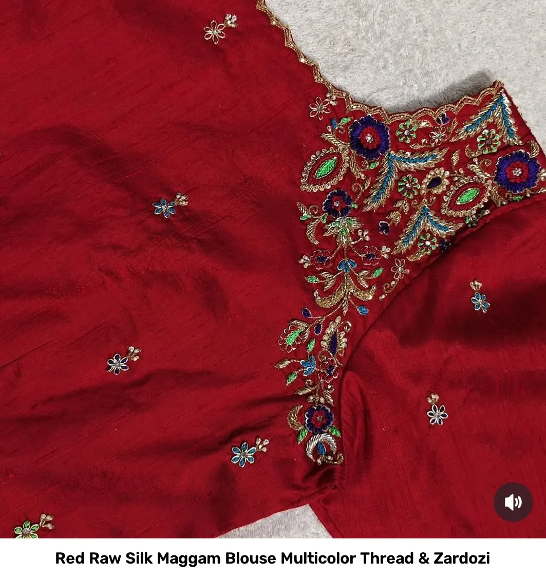 Red Raw Silk Maggam Blouse Multicolor Thread & Zardozi 5