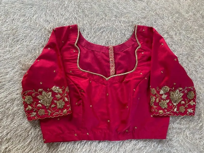 Red Raw Silk Maggam Work Blouse | Scallop Sweetheart Neck Zardozi Floral Saree Blouse