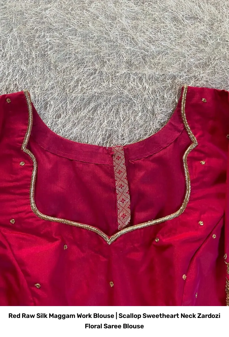 Red Raw Silk Maggam Work Blouse | Scallop Sweetheart Neck Zardozi Floral Saree Blouse 4