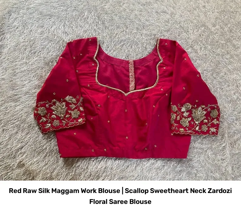 Red Raw Silk Maggam Work Blouse | Scallop Sweetheart Neck Zardozi Floral Saree Blouse 5