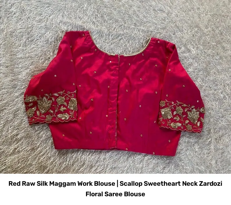 Red Raw Silk Maggam Work Blouse | Scallop Sweetheart Neck Zardozi Floral Saree Blouse 7