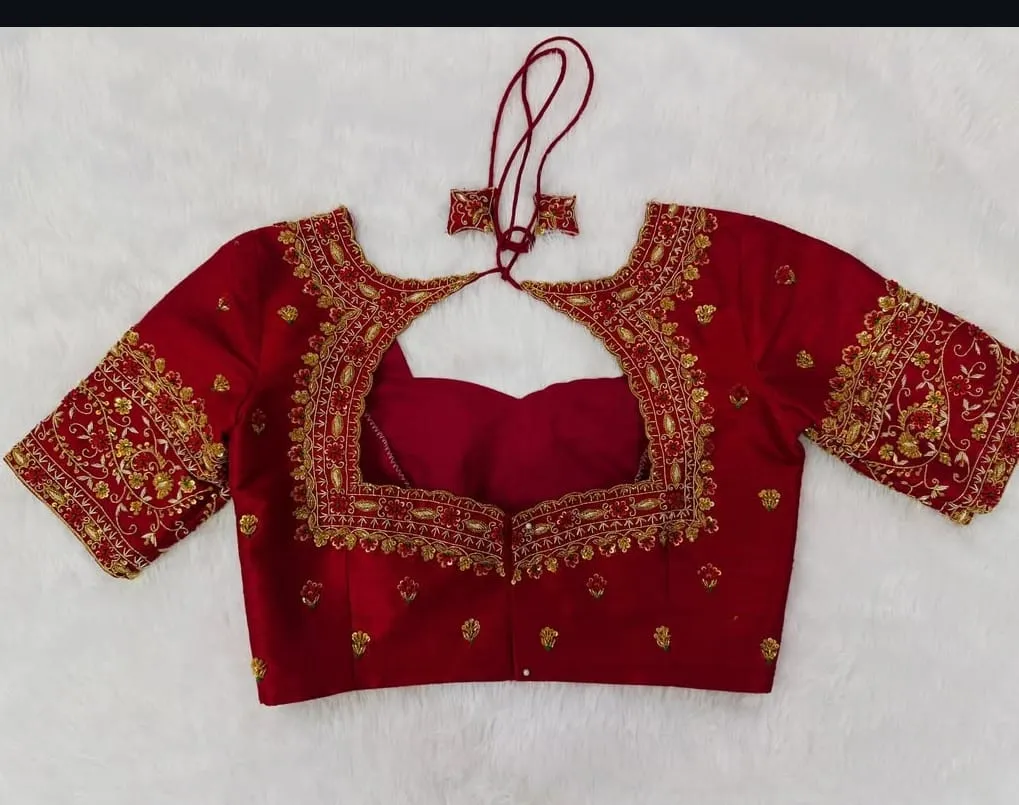 Red Raw Silk Readymade Blouse | Heavy Gold Maggam Aari Work