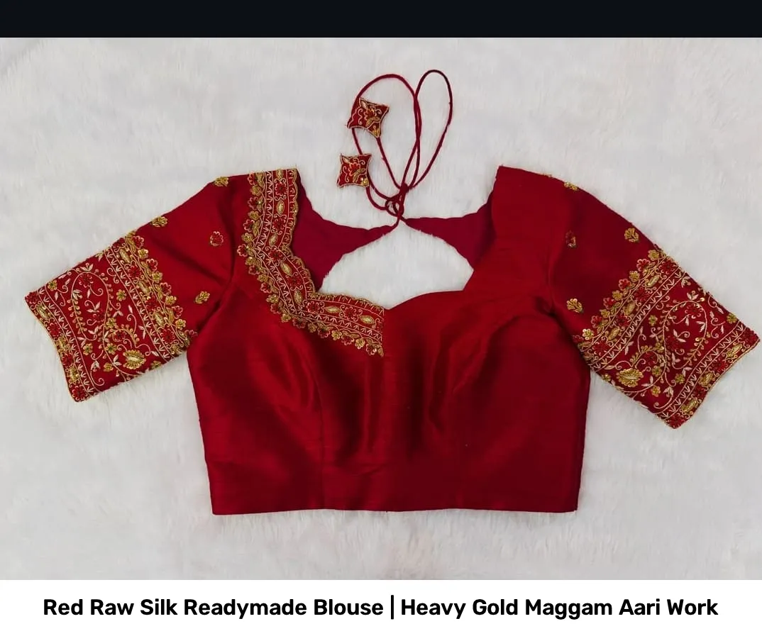 Red Raw Silk Readymade Blouse | Heavy Gold Maggam Aari Work 2