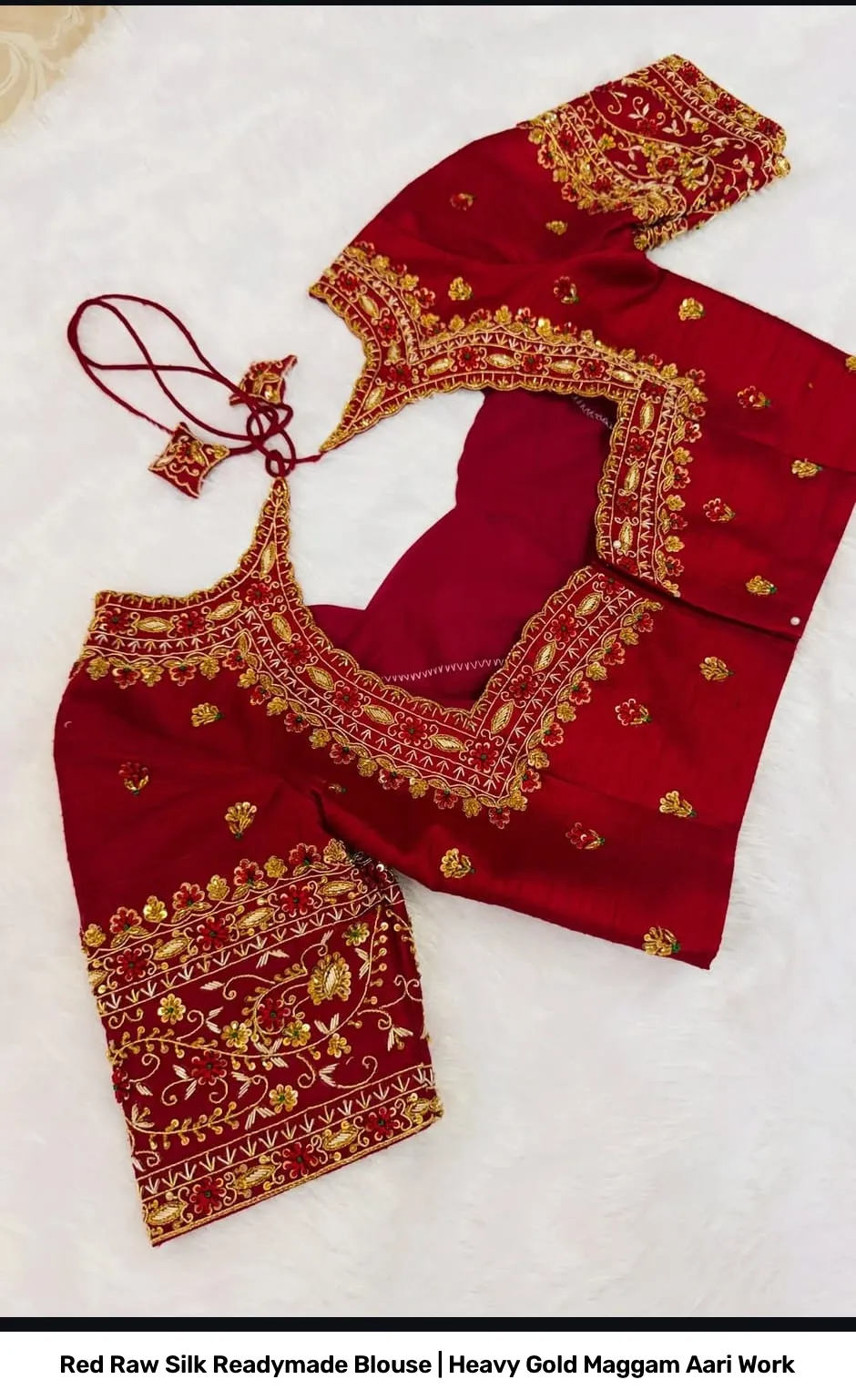 Red Raw Silk Readymade Blouse | Heavy Gold Maggam Aari Work 3