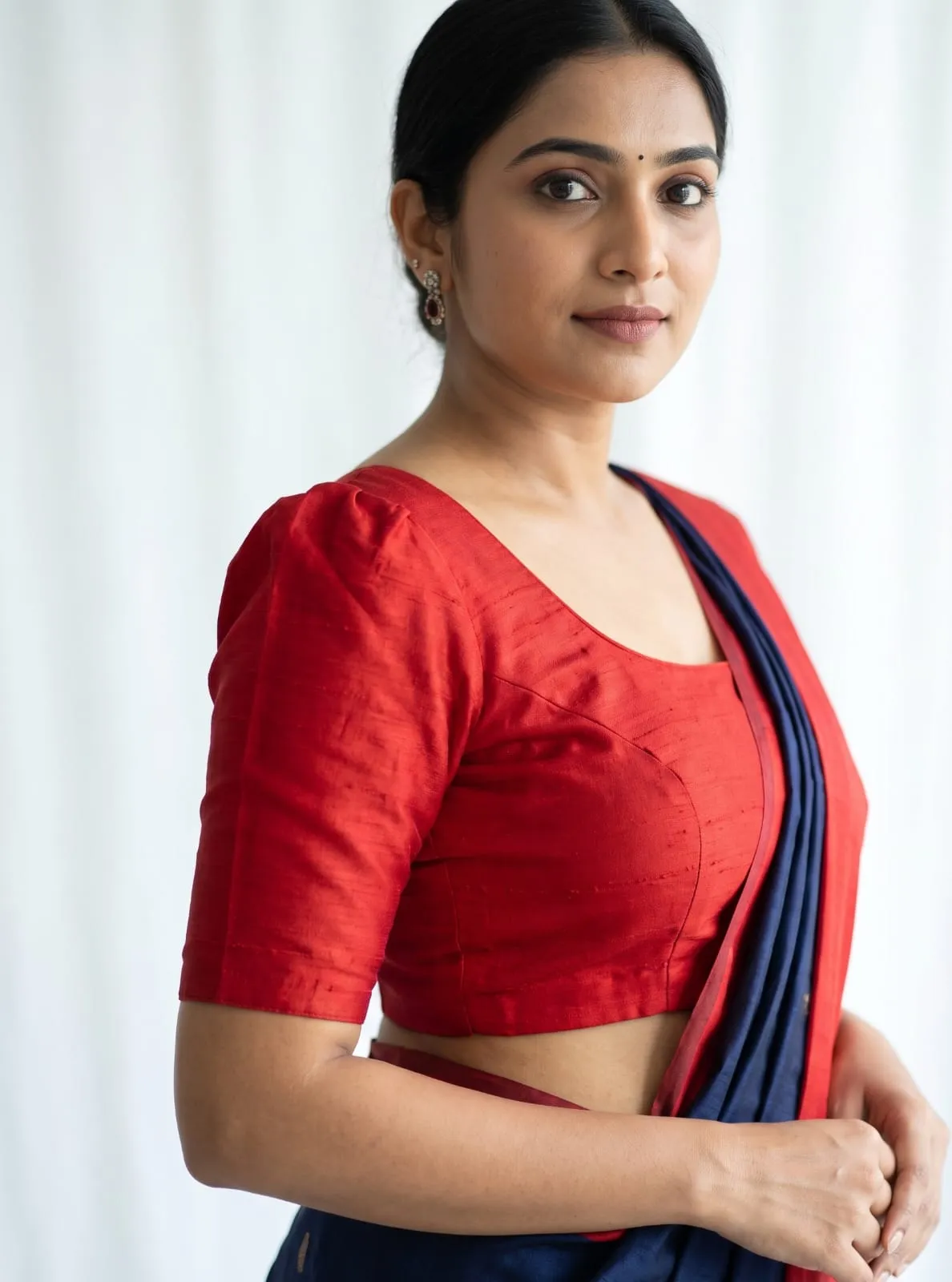 Red Raw Silk Readymade Blouse Shoulder Puff Sleeve