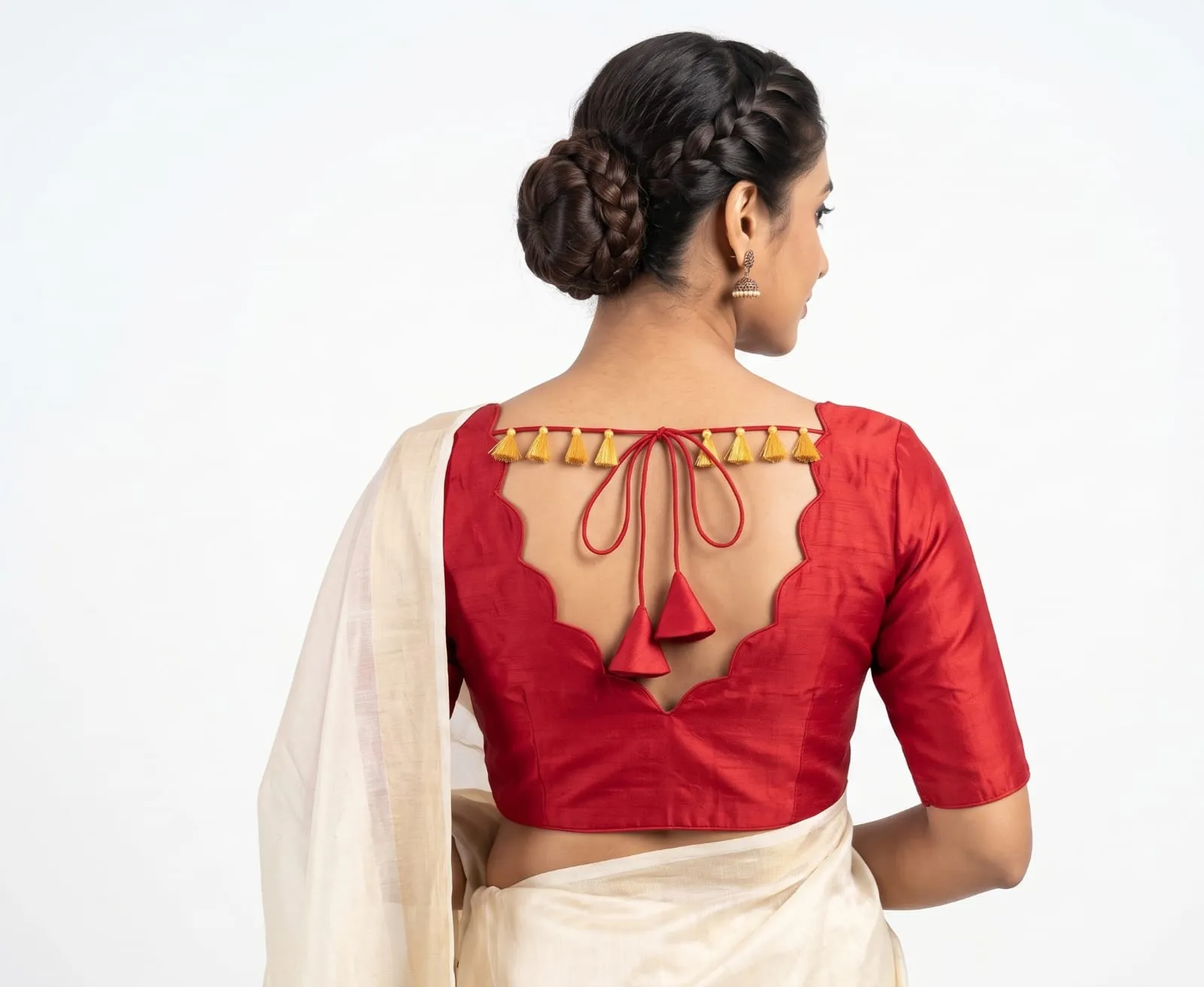 Red Raw Silk Scallop Neck Blouse Backless Tassel Saree Blouse