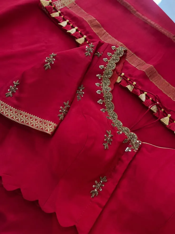 Red Scallop Embroidered Silk Readymade Saree Blouse with Latkan