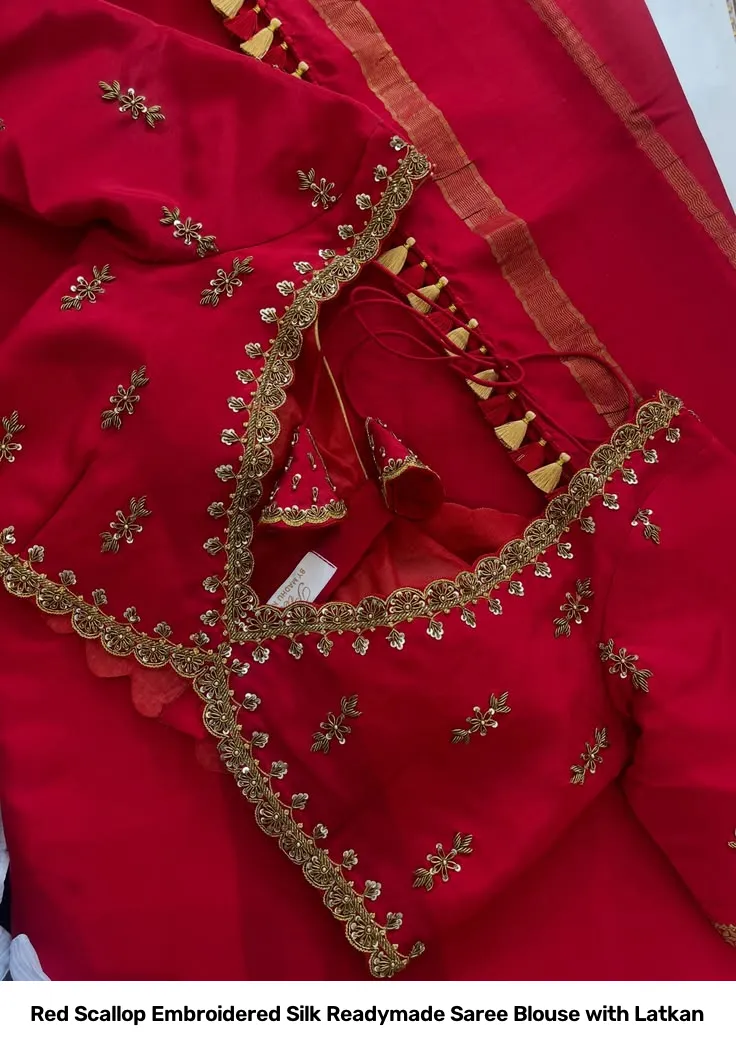 Red Scallop Embroidered Silk Readymade Saree Blouse with Latkan 2