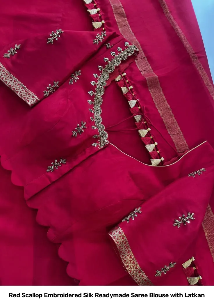 Red Scallop Embroidered Silk Readymade Saree Blouse with Latkan 3