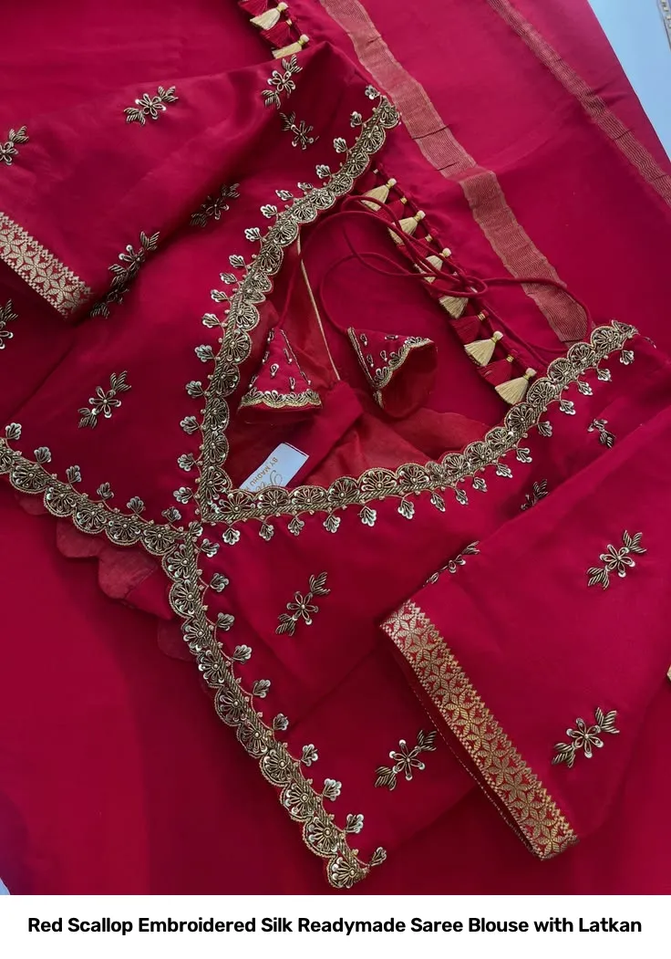 Red Scallop Embroidered Silk Readymade Saree Blouse with Latkan 4