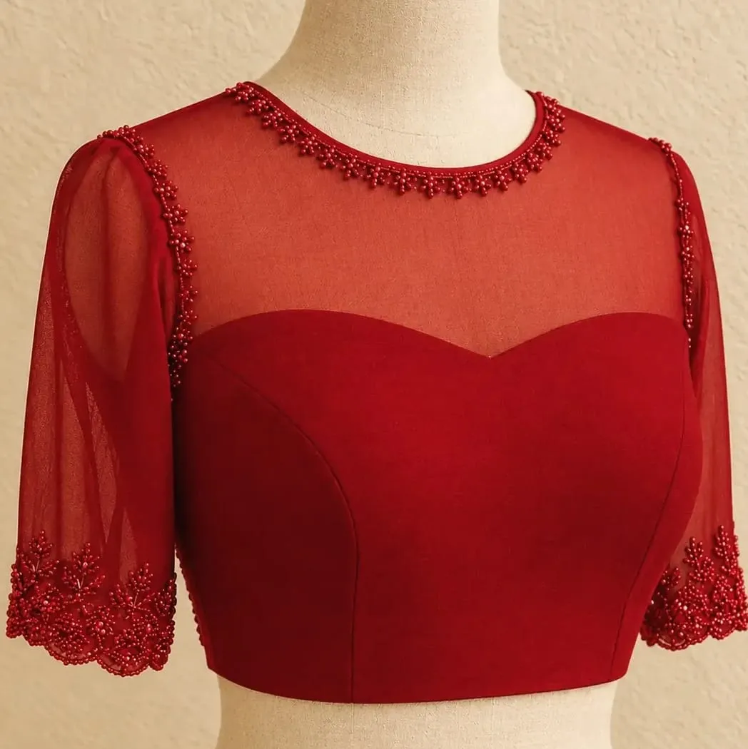 Red Sheer Net Yoke Readymade Saree Blouse with Beaded Embroidery