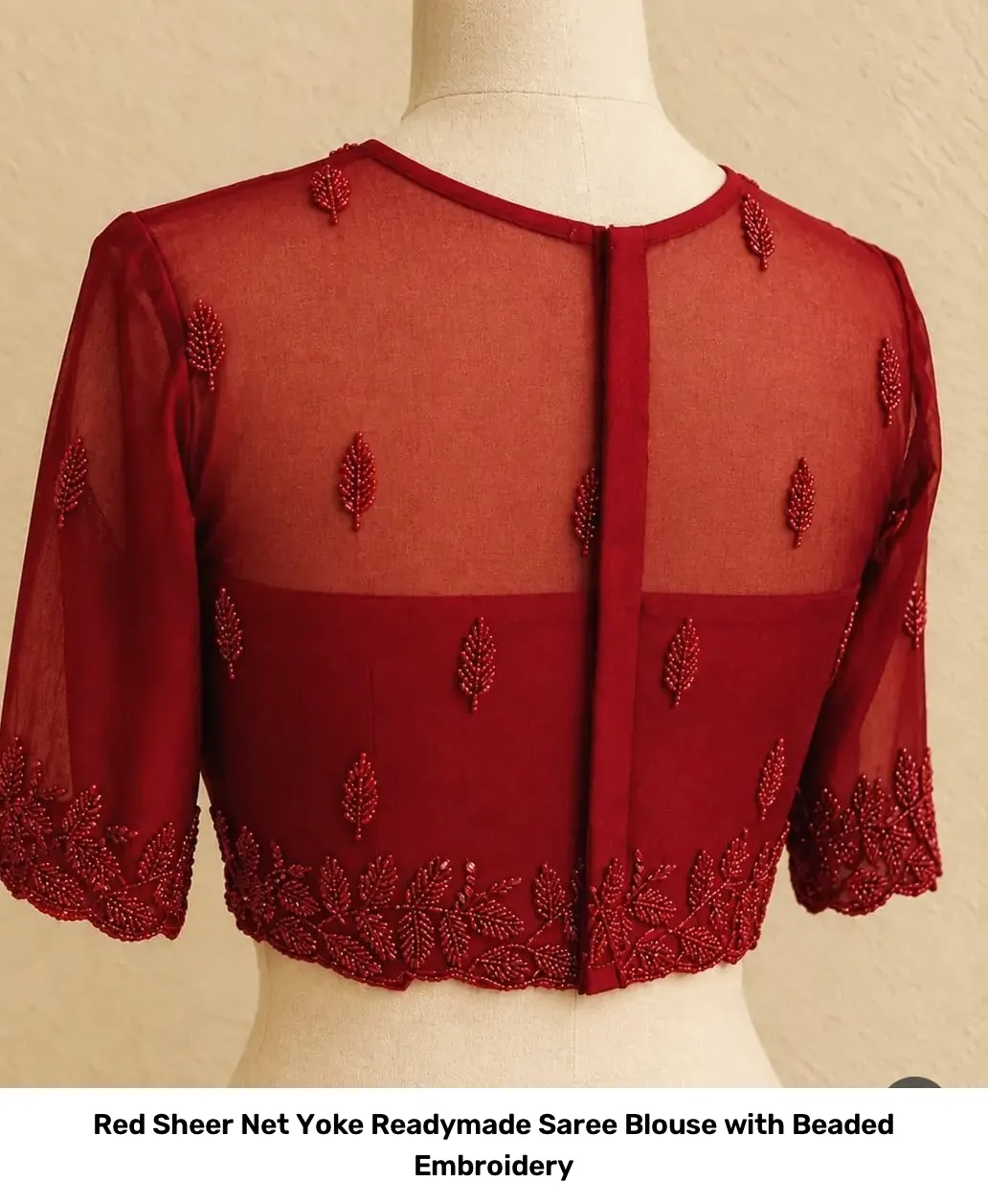 Red Sheer Net Yoke Readymade Saree Blouse with Beaded Embroidery 2