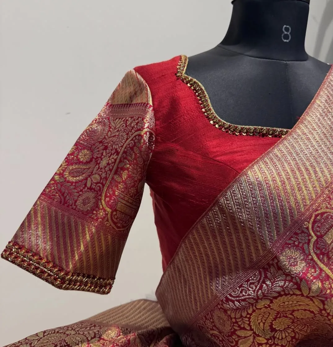 Red Silk Blouse with Brocade Sleeves