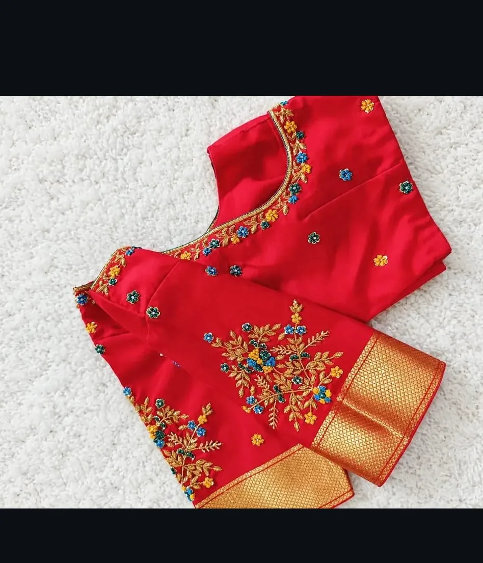 Red Silk Readymade Saree Blouse with Maggam Floral Hand Embroidery