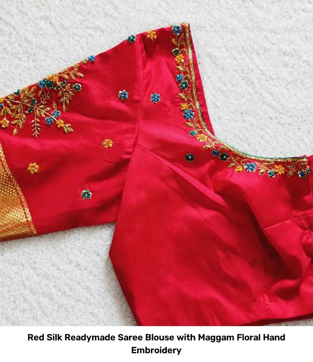 Red Silk Readymade Saree Blouse with Maggam Floral Hand Embroidery 2