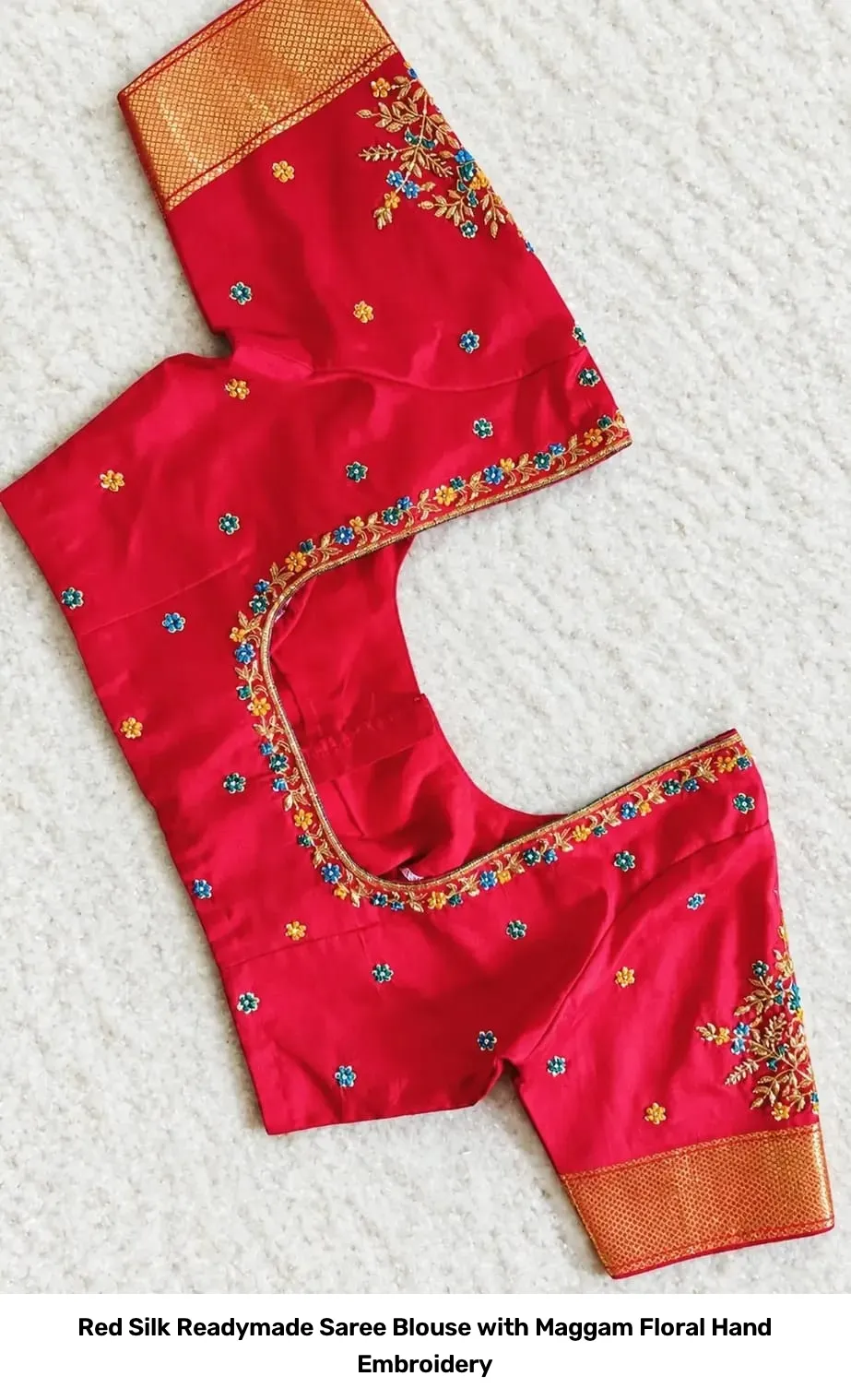 Red Silk Readymade Saree Blouse with Maggam Floral Hand Embroidery 3