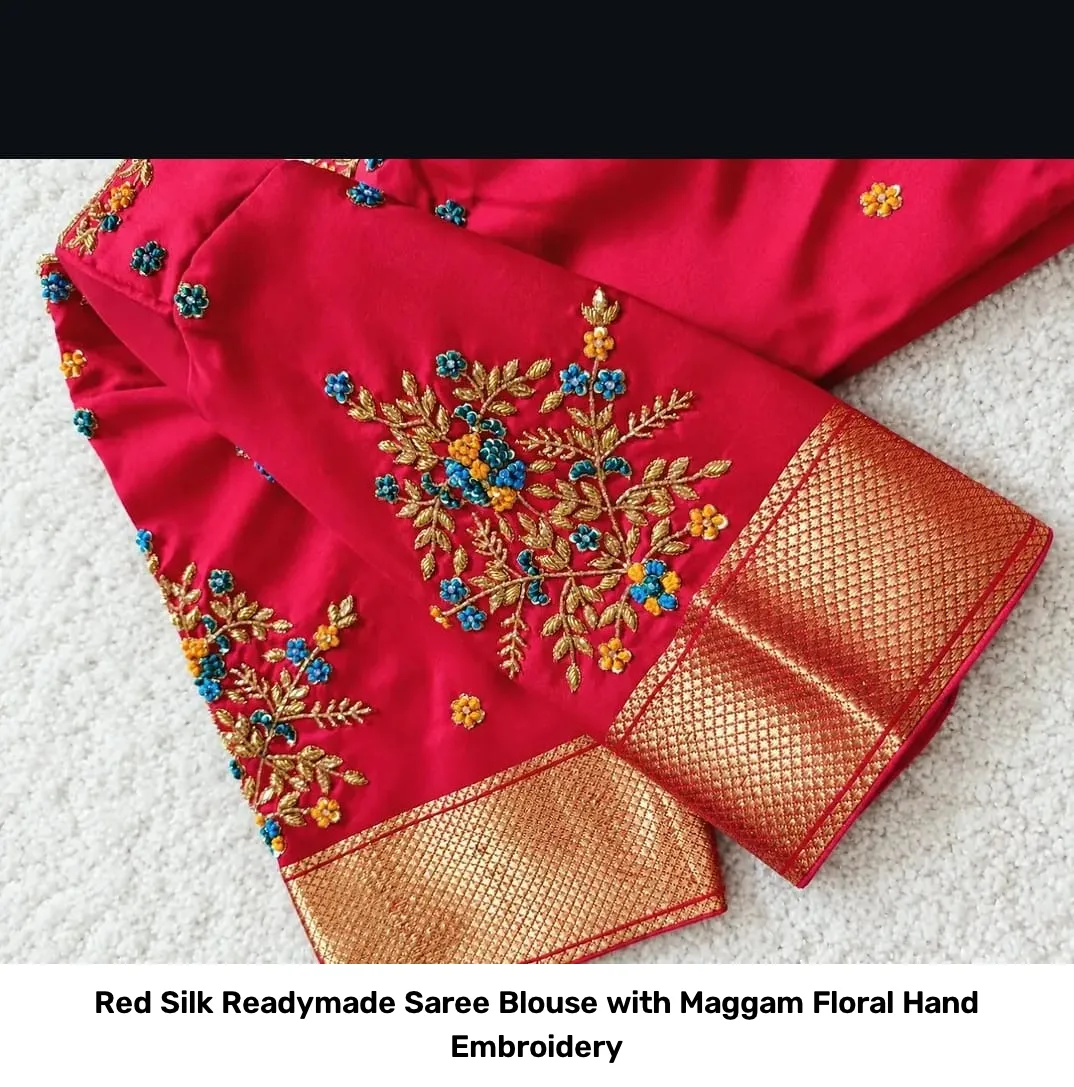 Red Silk Readymade Saree Blouse with Maggam Floral Hand Embroidery 4