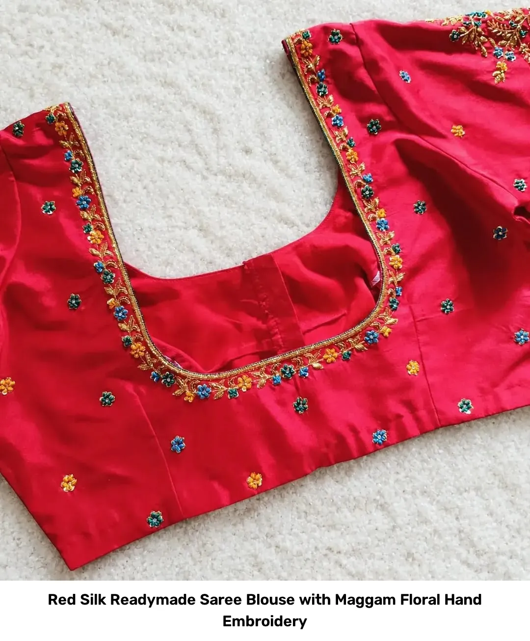 Red Silk Readymade Saree Blouse with Maggam Floral Hand Embroidery 5