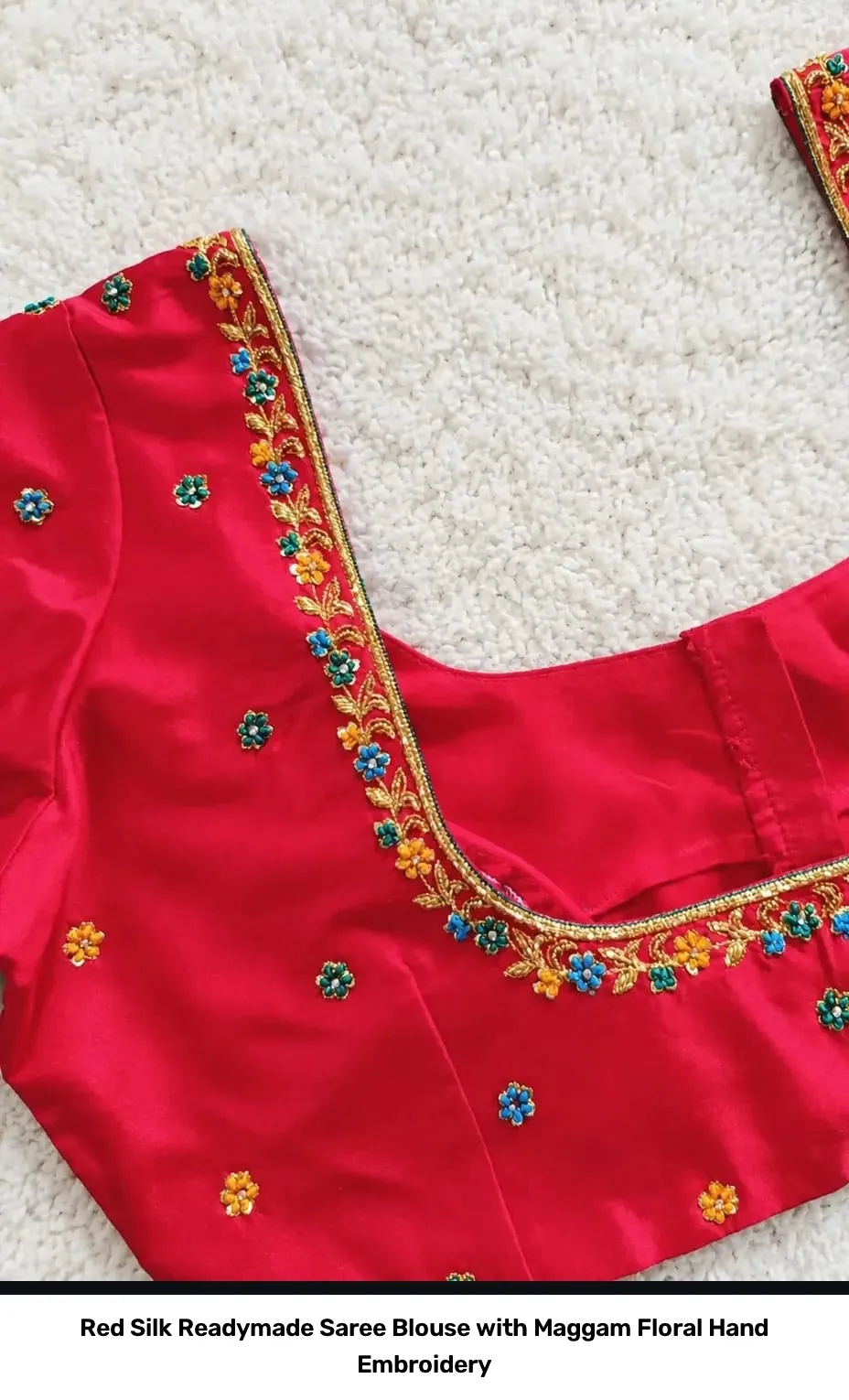 Red Silk Readymade Saree Blouse with Maggam Floral Hand Embroidery 6