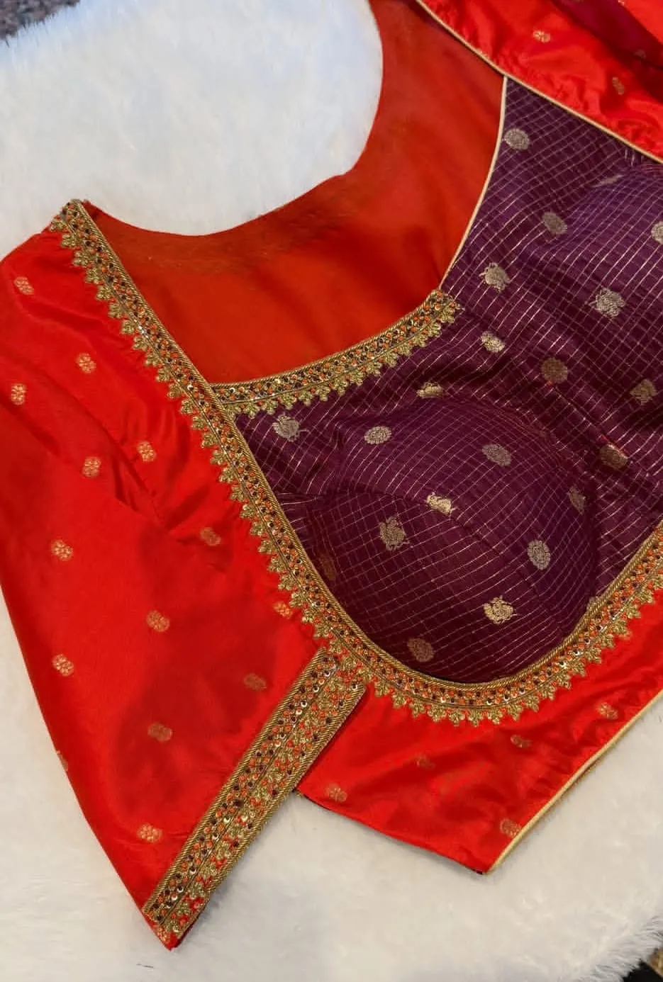 Red Silk Wedding Blouse with Wine Checkered Zari Bustier – Handcrafted Kundan Border Choli