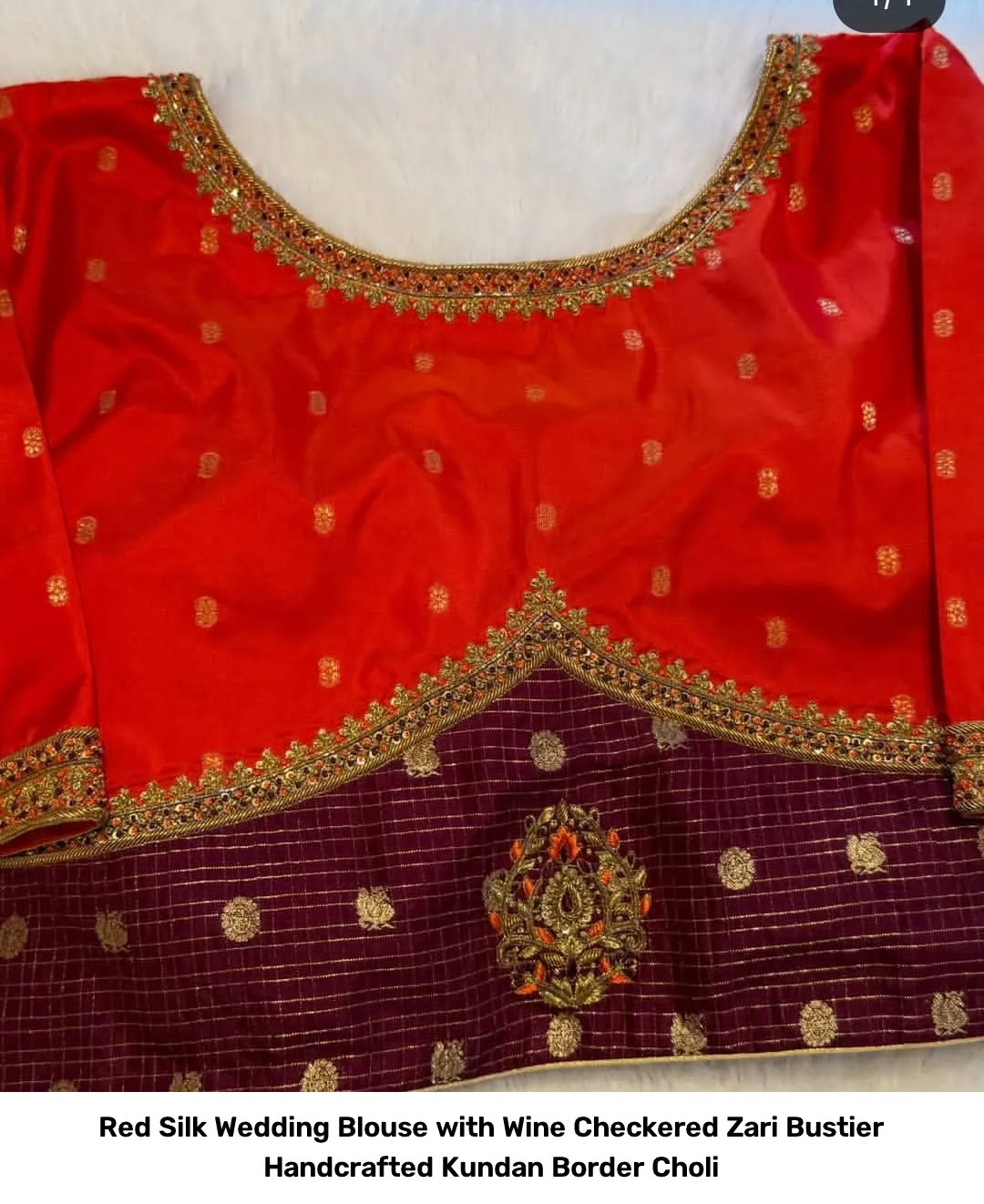 Red Silk Wedding Blouse with Wine Checkered Zari Bustier – Handcrafted Kundan Border Choli 2