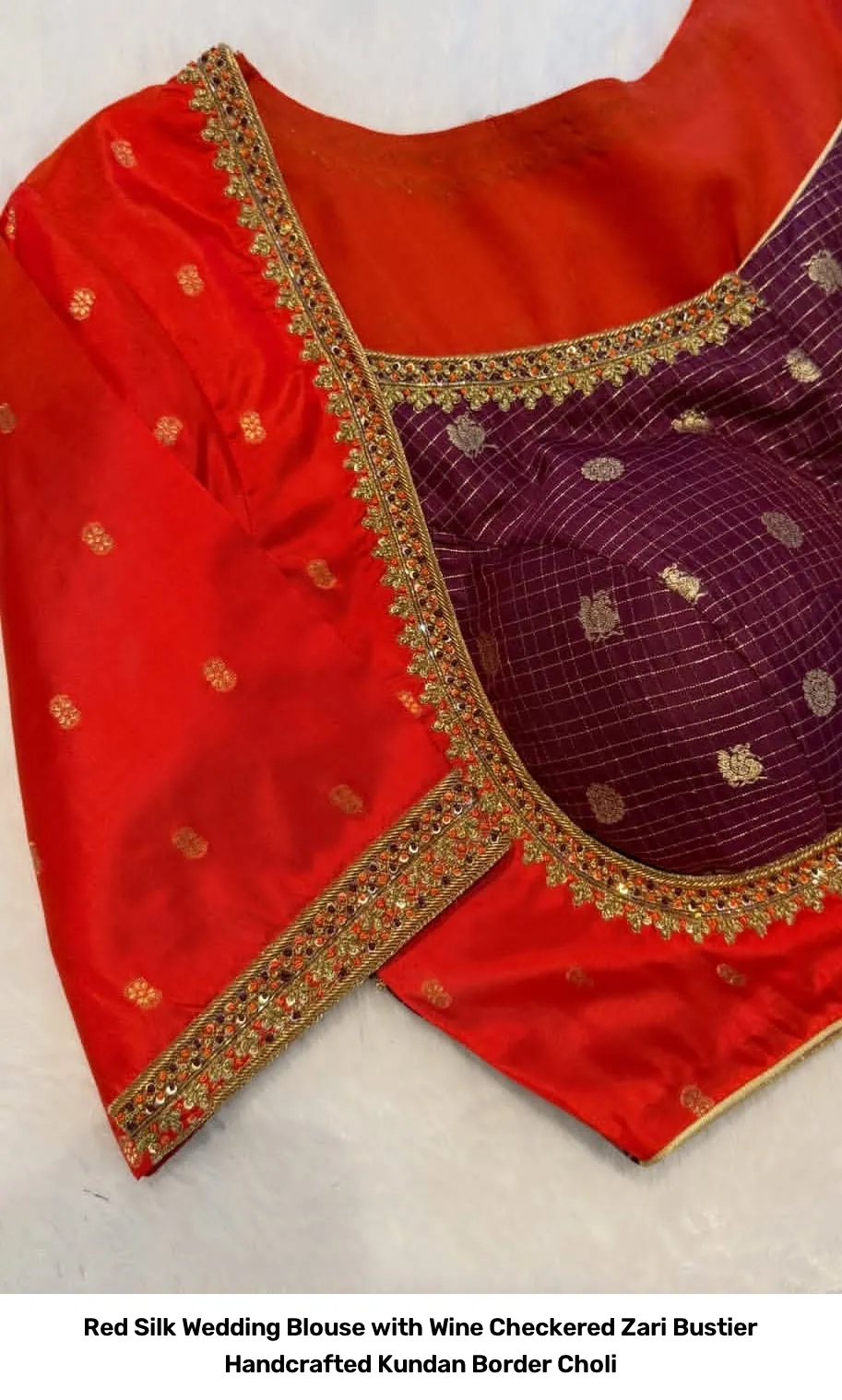 Red Silk Wedding Blouse with Wine Checkered Zari Bustier – Handcrafted Kundan Border Choli 3