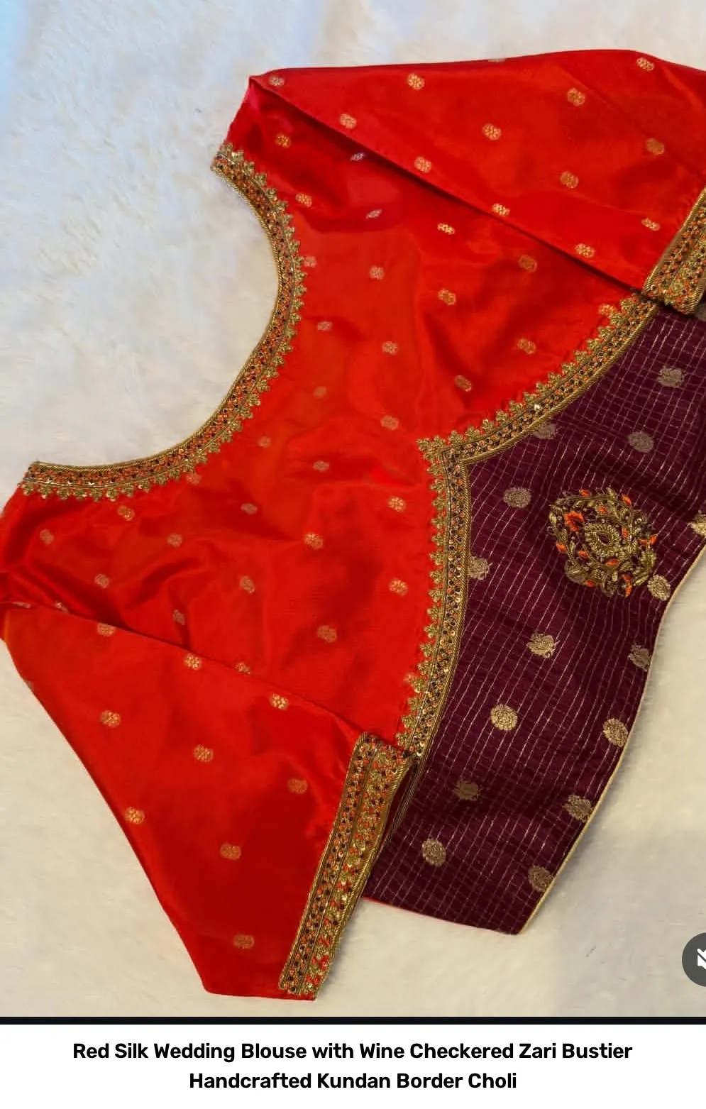 Red Silk Wedding Blouse with Wine Checkered Zari Bustier – Handcrafted Kundan Border Choli 4