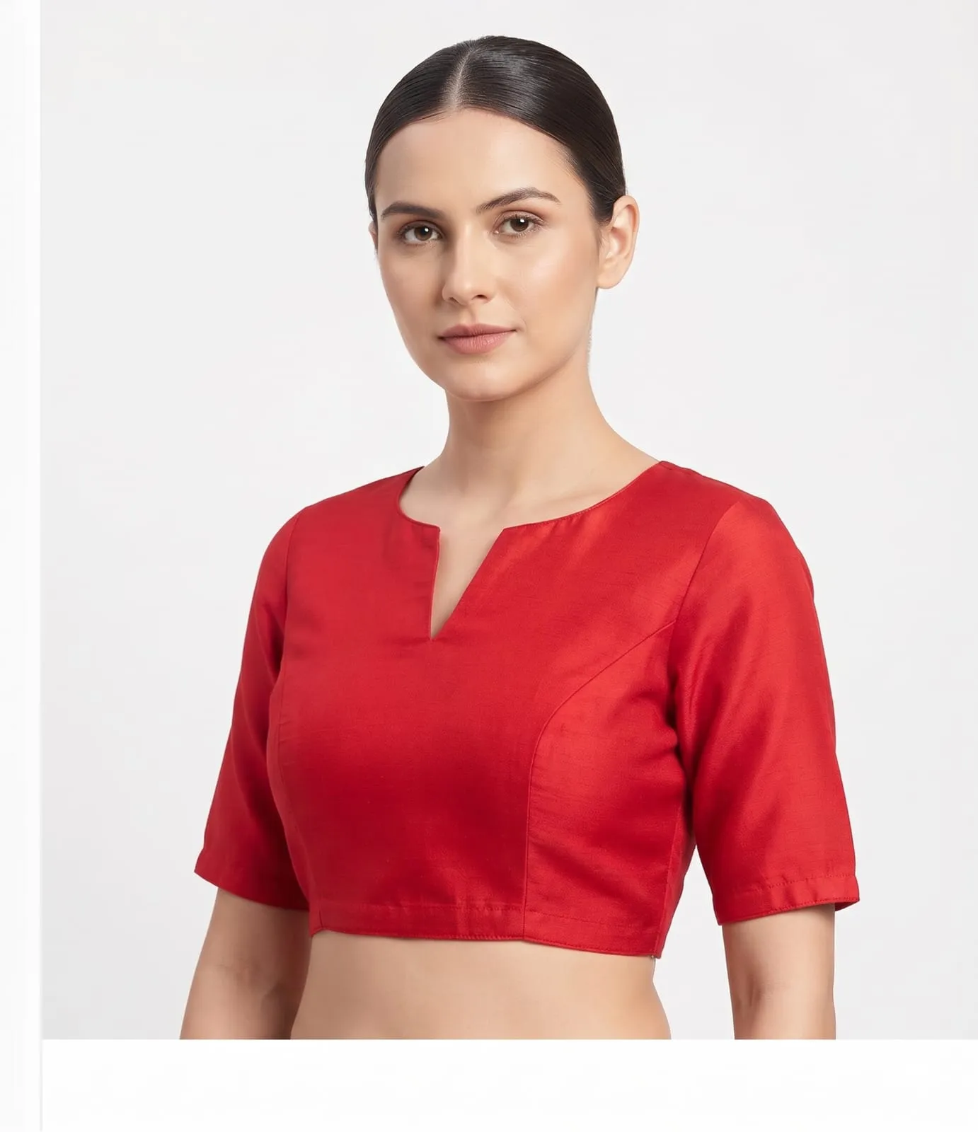 Red Slit Neck Raw Silk Blouse