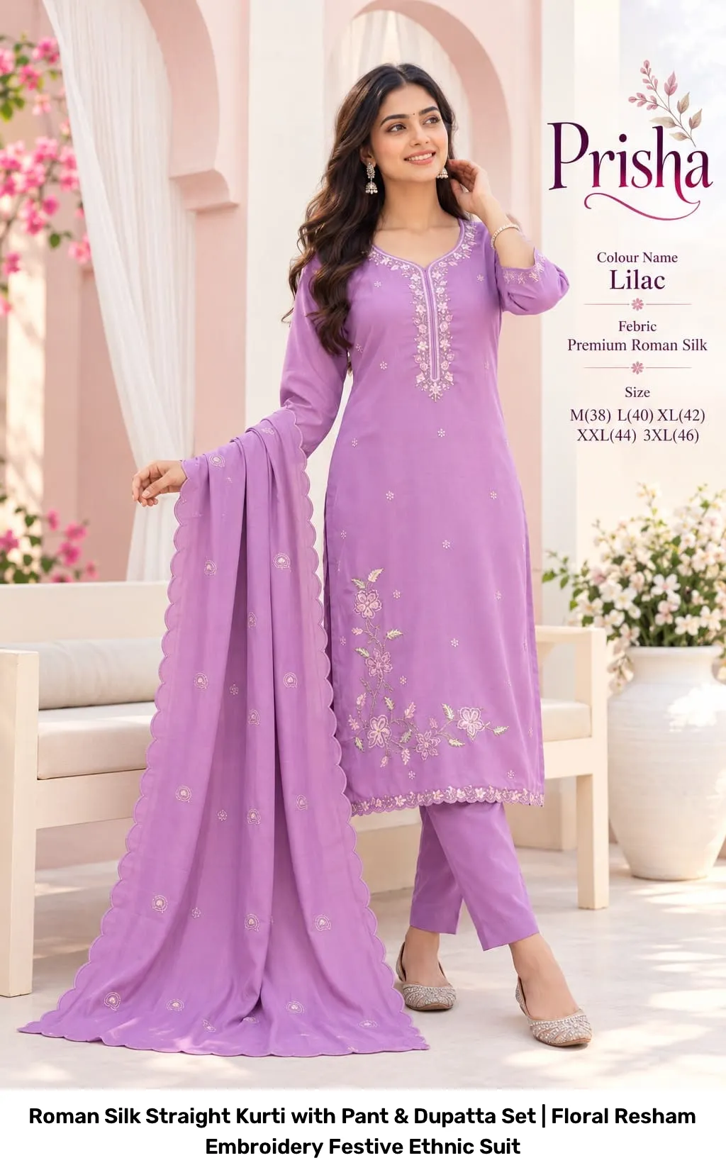 Roman Silk Straight Kurti with Pant & Dupatta Set | Floral Resham Embroidery Festive Ethnic Suit 5