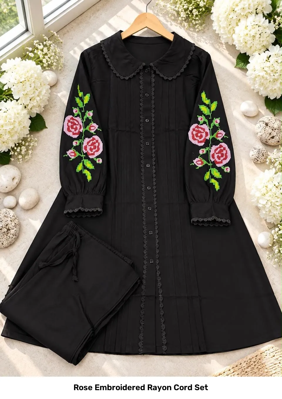 Rose Embroidered Rayon Cord Set 4