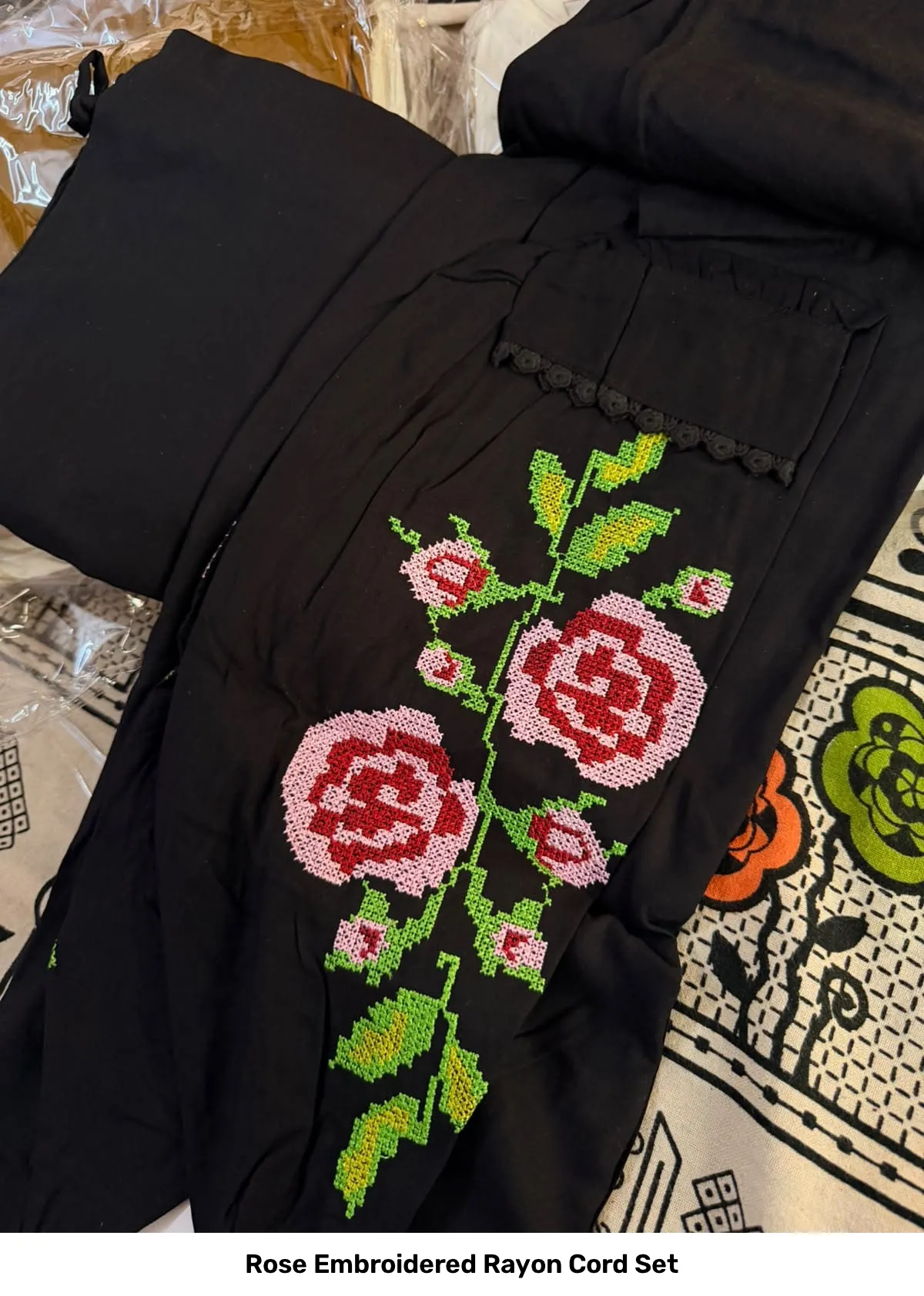 Rose Embroidered Rayon Cord Set 6