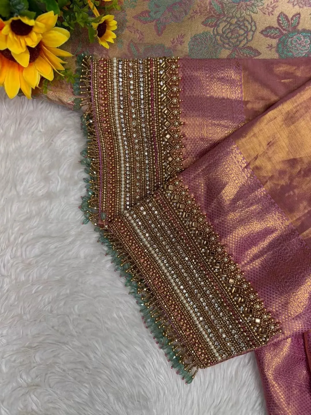 Rose Gold Tissue Silk Bridal Blouse with Heavy Maggam Work