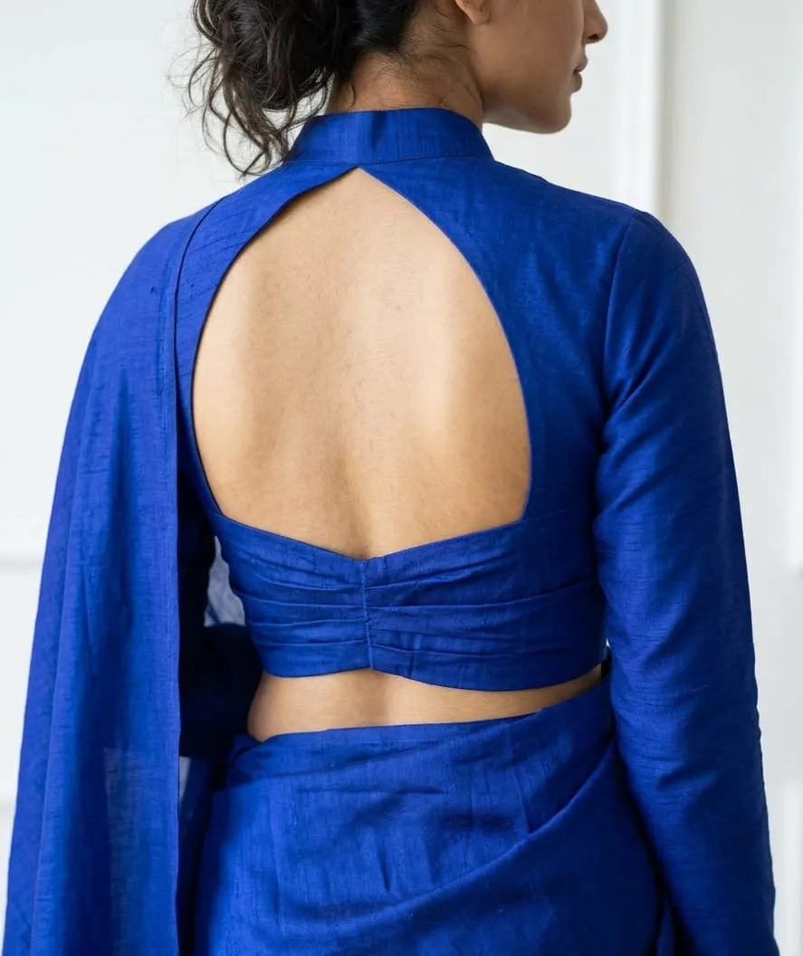 Royal Blue Collar Neck Saree Blouse – Full Sleeve Cutout Back Readymade Silk Blouse for Sarees