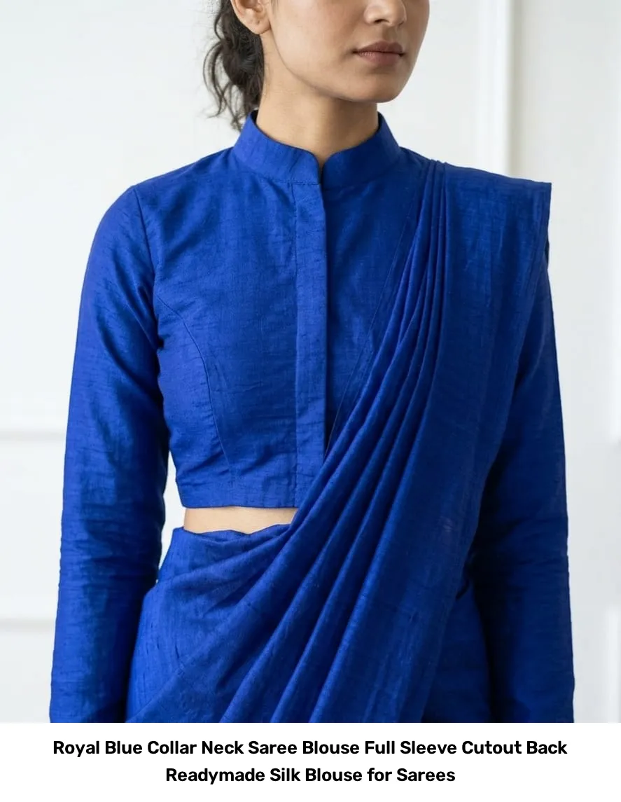 Royal Blue Collar Neck Saree Blouse – Full Sleeve Cutout Back Readymade Silk Blouse for Sarees 2