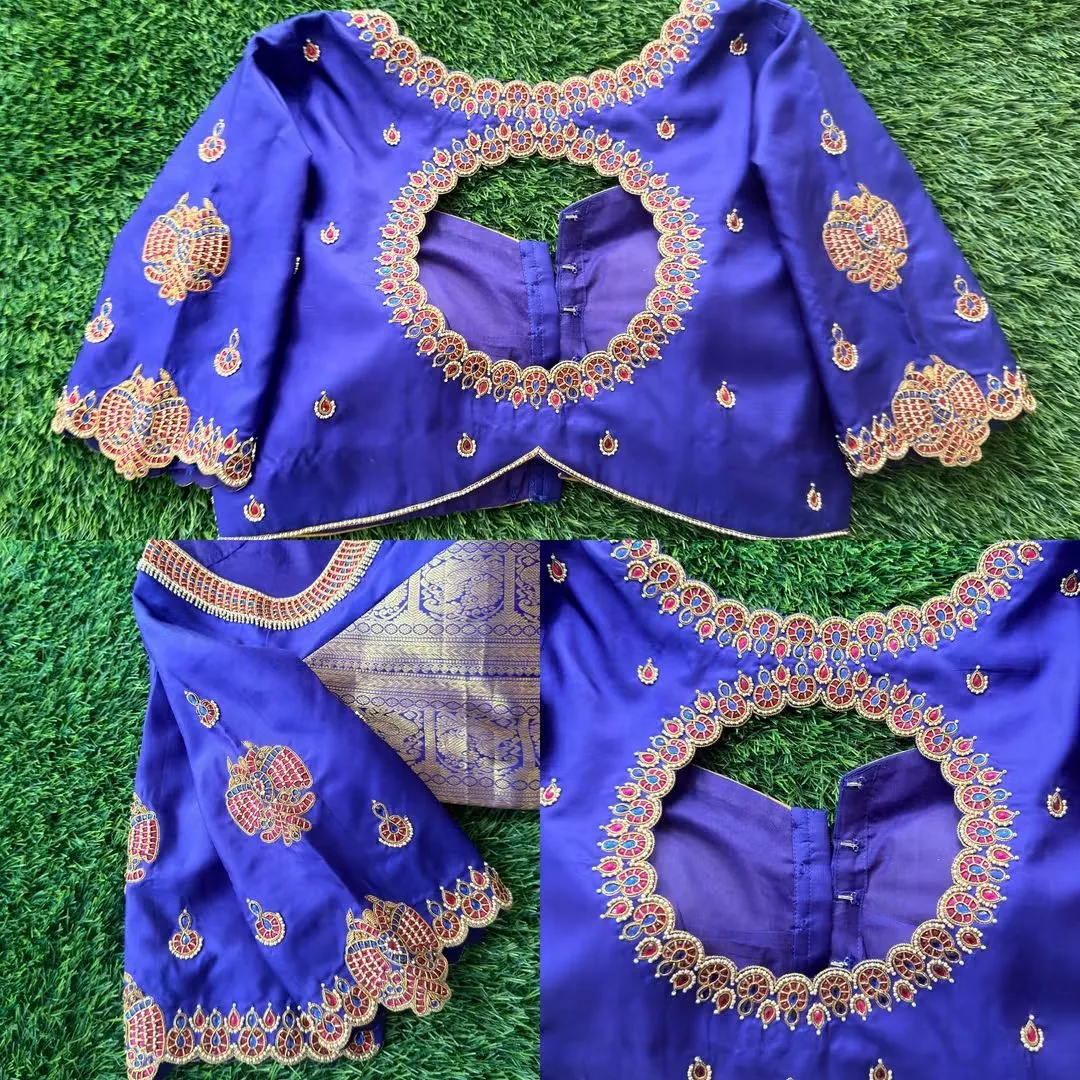 Royal Blue Cutout Back Maggam Work Blouse with Kemp Stone Work