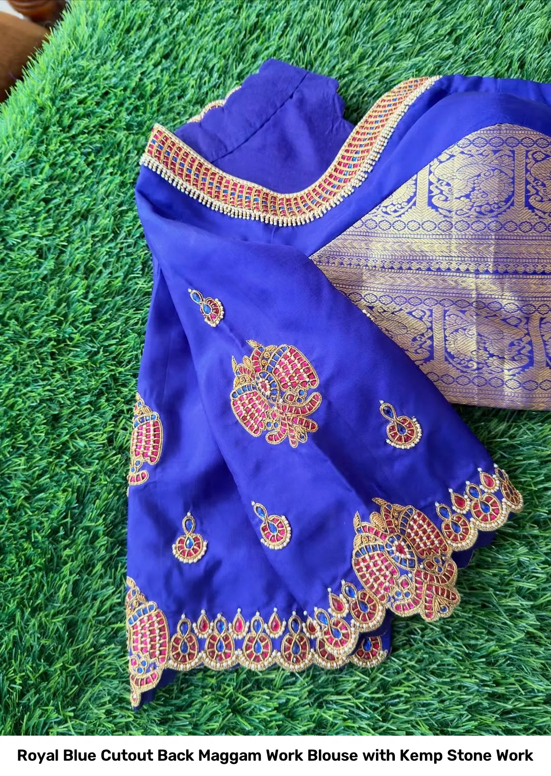 Royal Blue Cutout Back Maggam Work Blouse with Kemp Stone Work 2