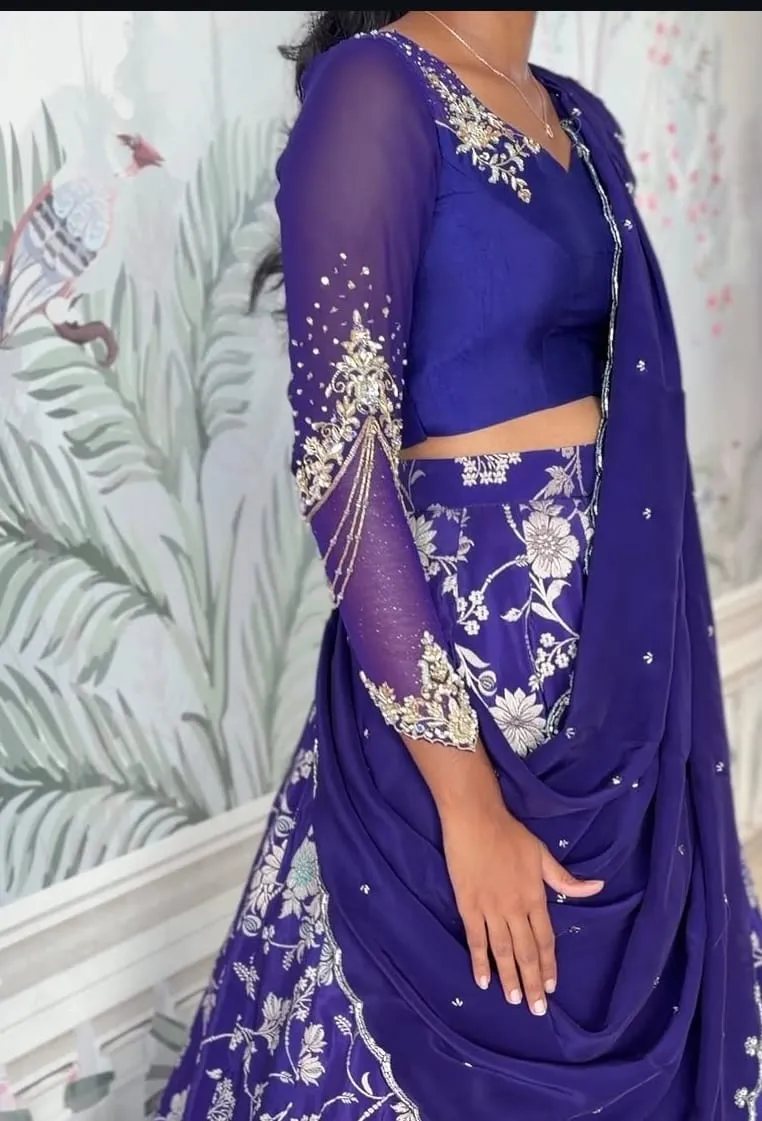 Royal Blue Designer Blouse | Sheer Net Sleeves with Gold Zardozi Embroidery | Keyhole Back Design | Lehenga & Saree Blouse | Custom Stitched