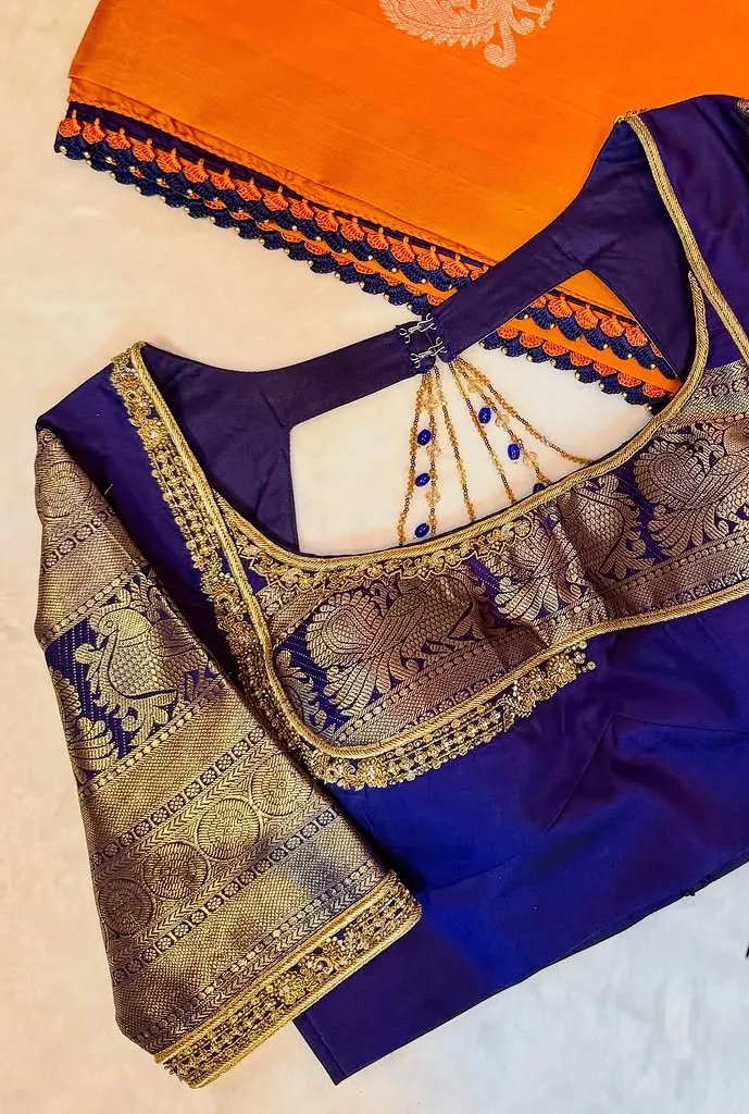 Royal Blue Kanchi Border Silk Blouse with Back Chain Latkan