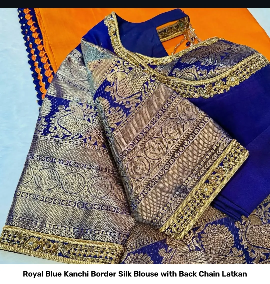 Royal Blue Kanchi Border Silk Blouse with Back Chain Latkan 2